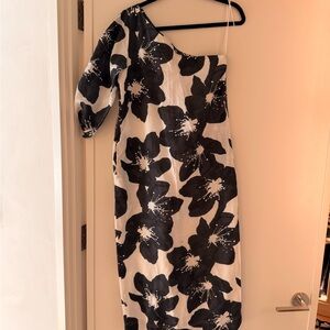 Something Navy Black and White Floral One-Shoulder Dress